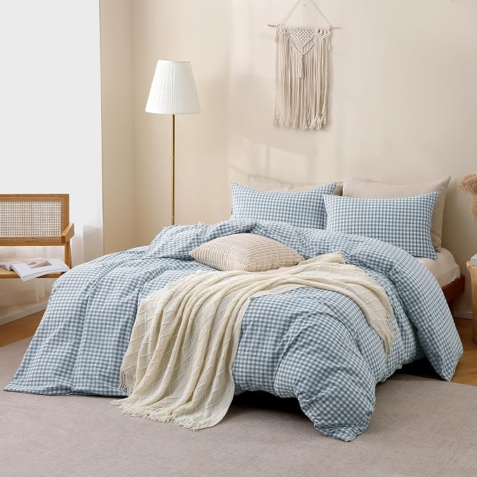 TOCOMOA Blue Gingham Duvet Cover Set Washed Cotton Like Linen, Cal King | 100% Washed Cotton Linen-Like Feel Soft, Breathable & Comfy. Lightweight Bedding Set with Zipper & 8 Ties. 3 Pcs, No Insert