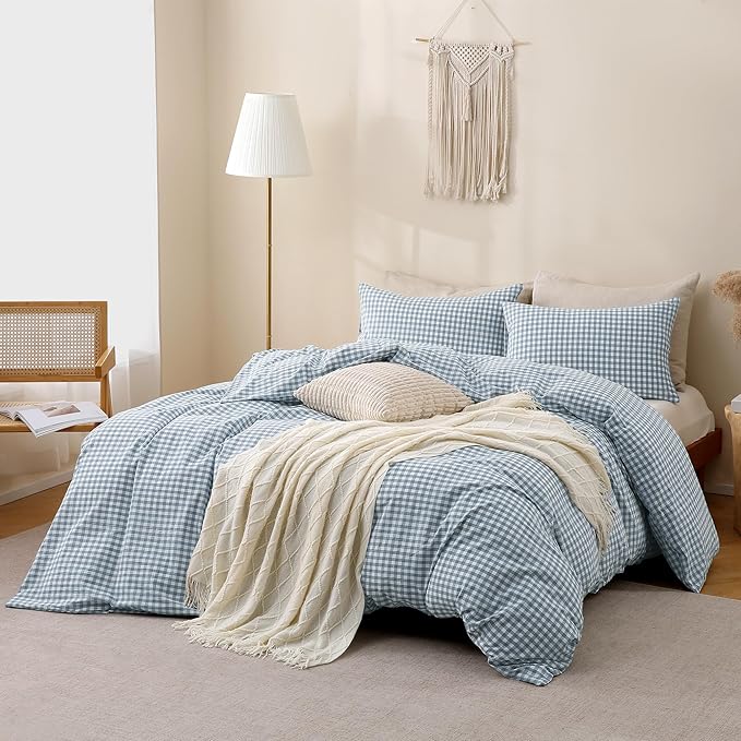 TOCOMOA Gingham Duvet Cover Set Washed Cotton Like Linen, Oversized Queen | 100% Washed Cotton Linen-Like Feel Soft, Breathable & Comfy. Lightweight Bedding Set with Zipper & 8 Ties. 3 Pcs, No Insert