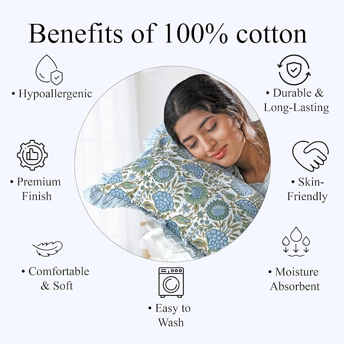Ridhi Block Print Asparagus Green Ruffle Lumbar Pillow Shams, 20" x 12" | 100% cotton, Floral Pillowcase, Cushion Cover, Hidden Zipper, Cottagecore Bedding, farmhouse boho style, fits couch, sofa,Bed