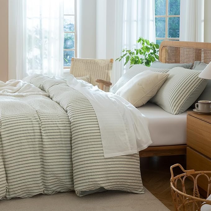 Queen Size Comforter Set Striped Soft Luxury Washed Microfiber Jacquard 3 Pieces Bedding, Sage Green Vertical Ticking Stripes Pattern Comforter with 2 Pillowcases Breathable Durable Comfy
