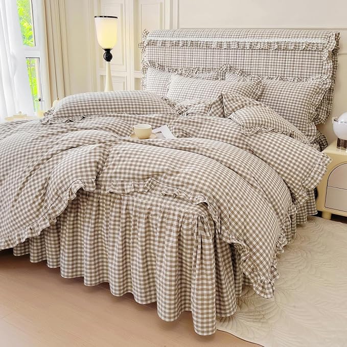 LifeTB Queen Comforter Set Tan Gingham Comforter Ruffle Beige Taupe Plaid Comforter Set 3 Pieces Fluffy Vintage Checkered Grid Bed Comforter with 2 Pillowcases Gingham Bedding Set Queen