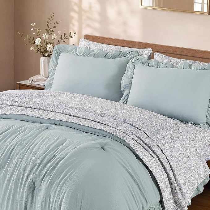 King Size Comforter Set-7 Pieces Ruffle Bedding Floral Sheet | Blue Vine Bed in a Bag, Soft Lightweight All Season Farmhouse King Size Bedding Sets with Floral Sheets, Pillowcases & Shams