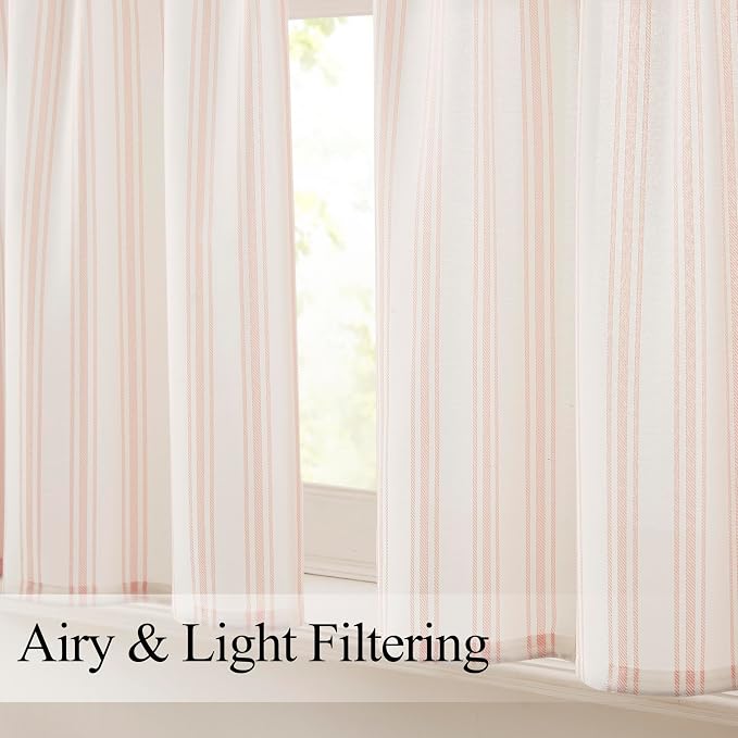 ZJDECOR Pink Striped Light Filtering Tier Kitchen Curatins,27" Wx45 Lx2 | Cafe Curtains,Semi Sheer,Rod Pocket,Cotton Blended Tier,Farmhouse Style,Bathroom RV Window Treatment