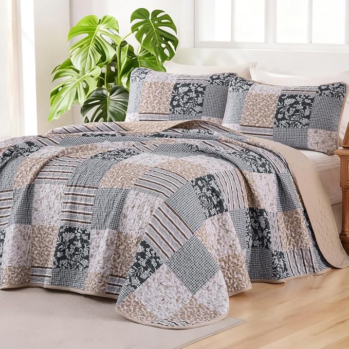 Mybedsoul Boho Quilt King Size, Patchwork Bedding Set, Blue Brown | Soft Lightweight Microfiber Floral Coverlet Set, 3 Pieces Plaid Bedspread, Bed Sets for All Seasons 90"x110"