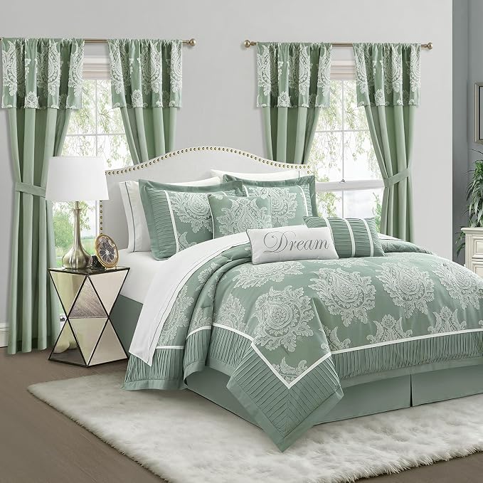 Sage Queen Comforter Set, 15 Pieces, Damask Jacquard Woven, Bedding Set with Sheets, Room in a Bag, Comforter, Bed Skirt, Pillow Shams and Decor Pillows, Curtains