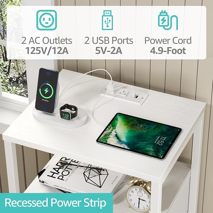 BOLUO White Night Stand with 3 Fabric Drawers, Nightstand with Charging Station LED Nightstand for Bedroom, Bedside Table with USB Ports and Outlets Modern