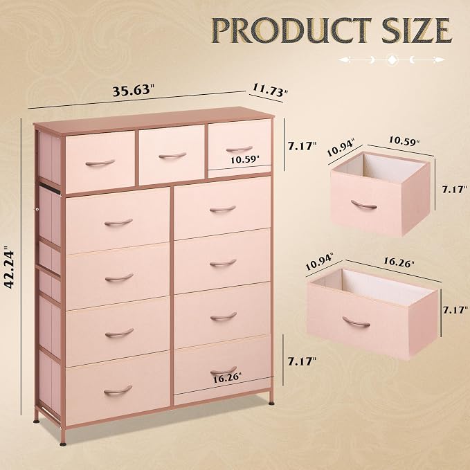 WLIVE Tall Dresser for Bedroom, 11 Drawer Chest of Drawers, Pink | 11 fabric storage drawers, Tall high-capacity design, Bedroom or dorm use, Sturdy steel frame, Smooth wood tabletop