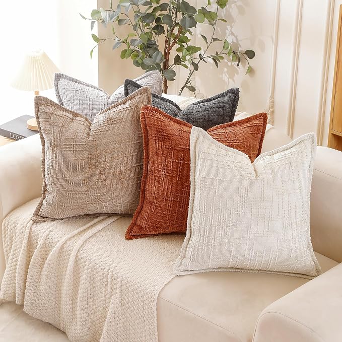 HPUK Chenille Throw Pillow Covers 18x18 Inch, Soft Woven Texture, Set of 2 | Plush woven texture, invisible zipper, couch sofa bed bedroom living room decor, square cushion covers, inserts not included