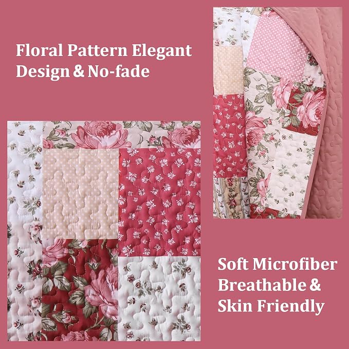 Anibedding Floral Patchwork Quilt Set Queen Size, Red Rose Plaid Bedspread | 3 Pcs Country Floral Coverlet Set, Soft Lighweight Farmhouse Quilt Bedding Set 3 Pieces for All Season, 96''x90''