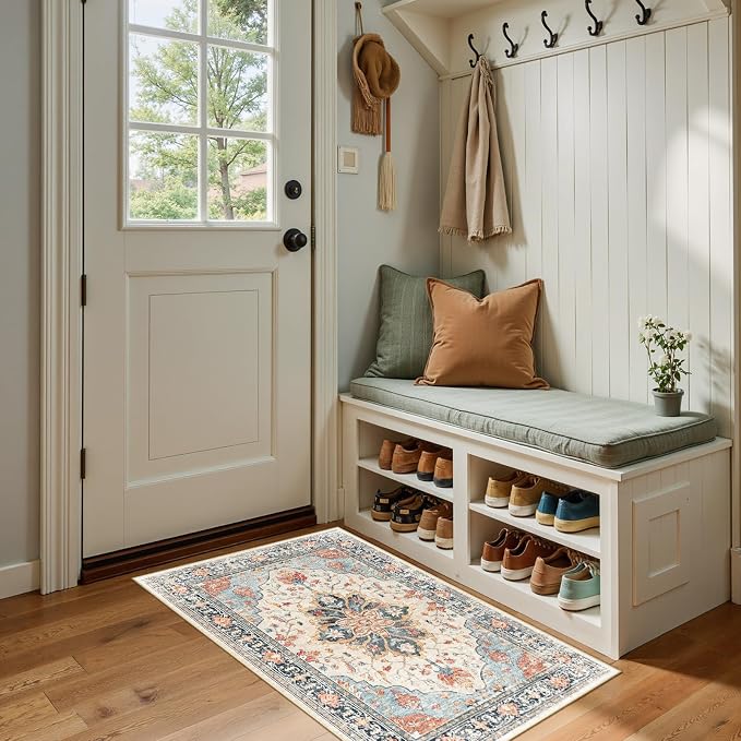 RELEANY Washable Area Rug, Small 2'x4', Beige/Blue/Orange | Non-Slip, Water Repellent, Pet Friendly, Easy to Clean, Vintage Floral Boho Decor for Kitchen Entryway Bathroom