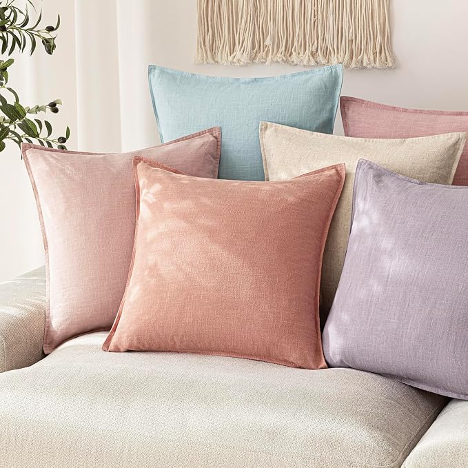 Foindtower Linen Solid Decorative Throw Pillow Covers 24x24 Inch Coral Pink | Boho Farmhouse Morden Pillowcase,Pack of 2 Soft Accent Cushion Covers,Rustic Home Decor for Chair Couch Bedroom Living Room