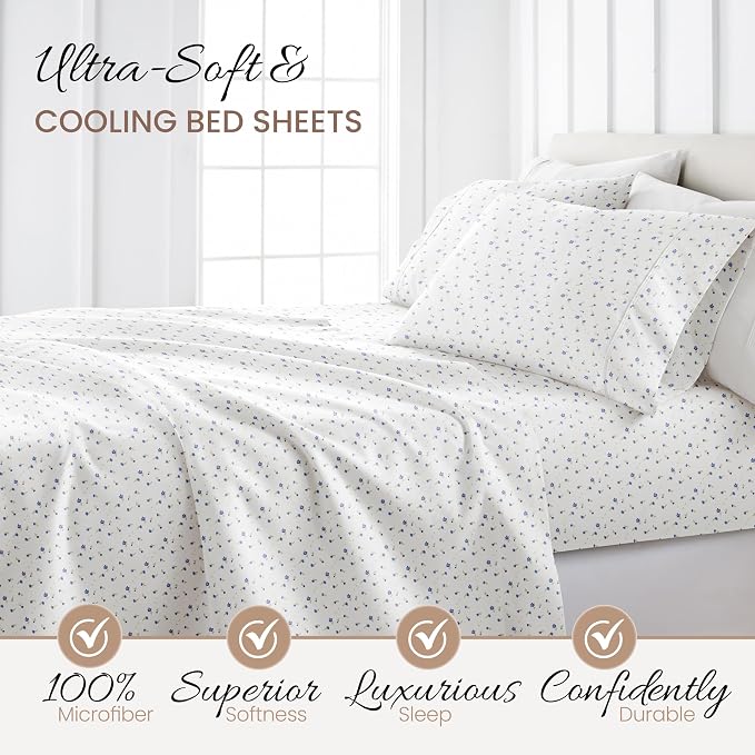 Linen Market Double-Brushed Patterned Microfiber Twin Sheet Set 3 Piece – Oeko-TEX Certified Ultra Soft & Wrinkle-Free - 16" Deep Pocket Sheets - Easy Care Twin Size - Soft Floral Light Blue