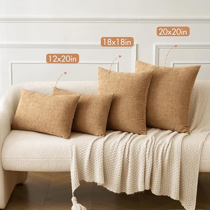 MIULEE Chenille Fall Throw Pillow Covers Apricot Brown 18x18 Pack of 2 | Modern Fall Home Decor, Classic Decorative Pillows, Solid Dyed Cases, Boho Couch Cushion Covers for Sofa Bed Living Room