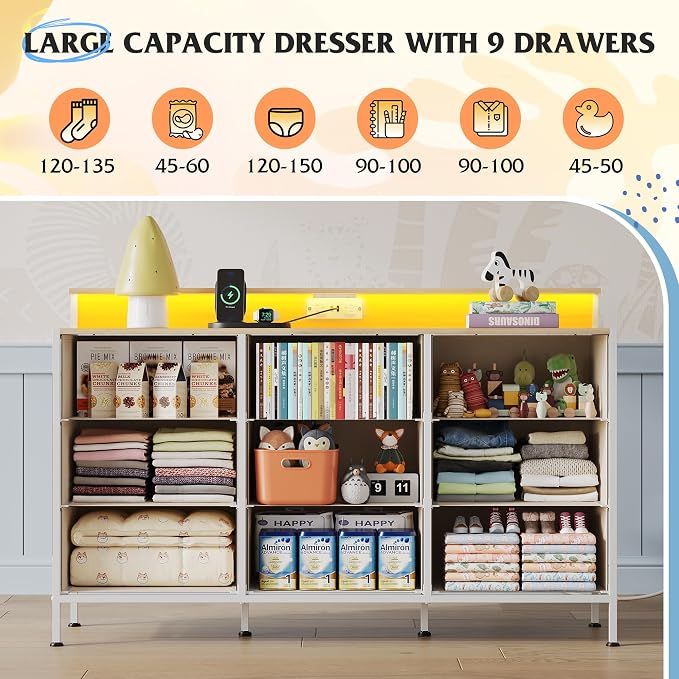 WLIVE Dresser TV Stand 9 Drawers, Fabric Chest of Drawers LED Lights, Cream | Cream 9-drawer dresser TV stand fits 55in TV with RGB LED lights and charging station, fabric media console for living room