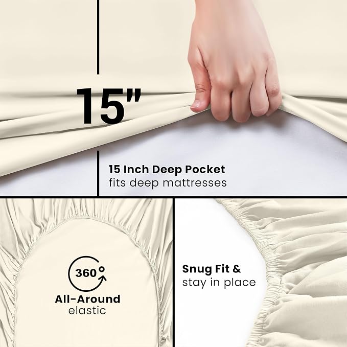 Queen Fitted Sheet, Ultra Soft Fits Up to 16 Inch Deep Pocket, Ivory | Hotel Comfort, Cooling & Breathable Cotton like Polyester, Easy Fit, Wrinkle & Fade Resistant, Snug Fit, Easy Care, Oeko-Tex