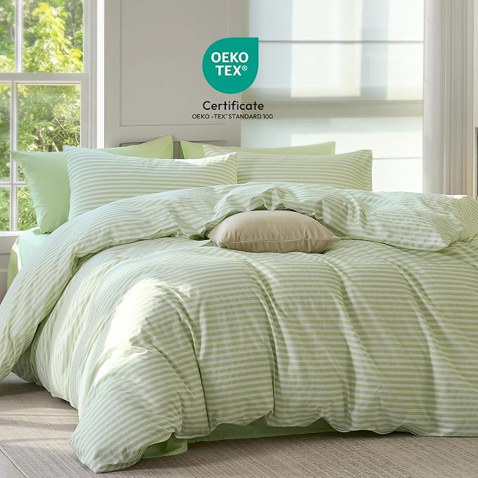 JELLYMONI 100% Cotton Printed Striped Queen Duvet Cover Set, Sage Green | Breathable and Soft, Classic Stripes, 8 Corner Ties & Double-Head Hidden Zipper, For Master or Guest Bedroom