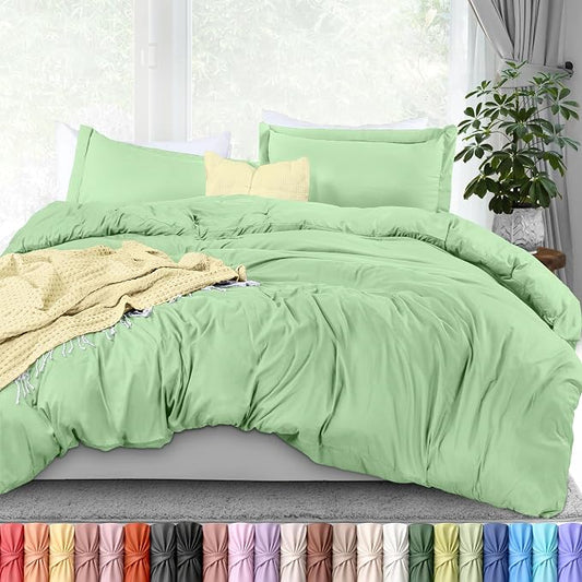 Duvet Cover Queen, 3 Piece Cotton Like Polyester With Zipper Closure, Sage | Extra Soft and Breathable, Wrinkle & Fade Resistant, Includes Duvet Cover and 2 Pillow Shams, Comforter Not Included, OekoTex