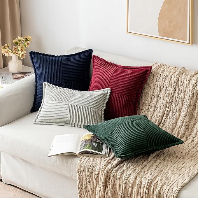 MIULEE Decorative Throw Pillow Covers for Couch 18x18 Inch Dark Green | 2 Pack, Boho Broadside Striped Patchwork Pillow Covers, Soft Corduroy Cushion Cases, For Sofa Bed Livingroom Home Decor