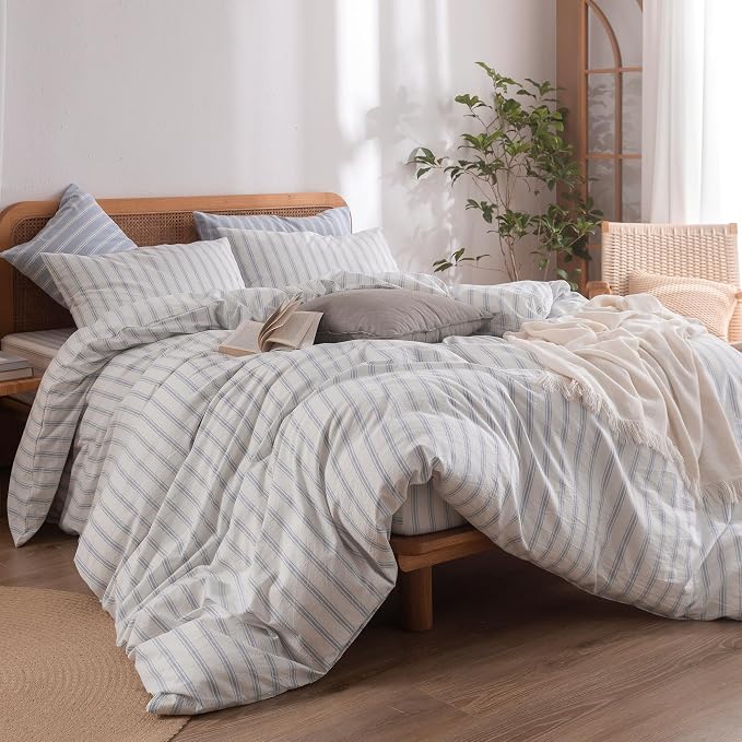 BESTOUCH Striped Cotton Duvet Cover Set Linen Feel California King | 100% Washed Cotton, Soft Wrinkle Texture, Hidden Zipper, 8 Ties, Breathable Lightweight Durable Comfy, 3 Pcs No Insert
