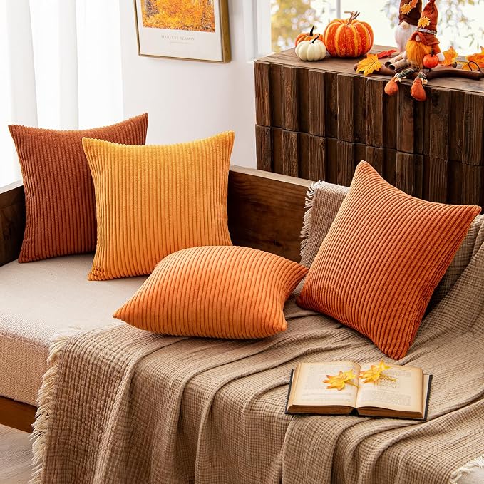 MIULEE Fall Corduroy Decorative Throw Pillow Covers Orange Rust 18x18 | Set of 4, Vintage Retro Fall Decor, Autumn Harvest Collection, Boho Farmhouse Cushion Covers for Couch Bed Sofa Living Room