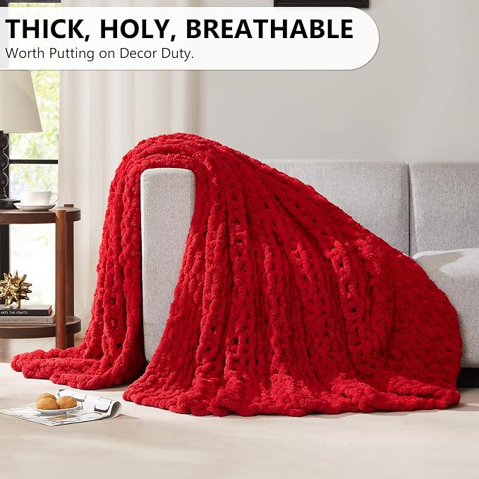 L'AGRATY Chunky Knit Throw Blanket for Couch, 80'' x 90'' Knit Throw, Red | Handmade Chenille Crochet Blanket for Sofa Bed, Thick Cable Knitted Blankets for Room Home Decor, Birthday Gift for Women Mom