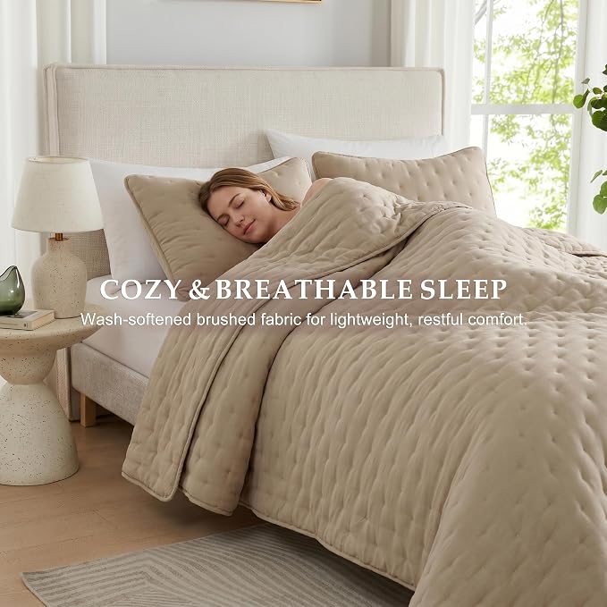 WDCOZY Beige Cloud Queen Size Quilt Set, Tan Lightweight Farmhouse Bedspread, Rustic Country Coverlet, Taupe Camel Soft Bedding, Thin Comforter for All Season - 3 Pieces, 90x90 inches