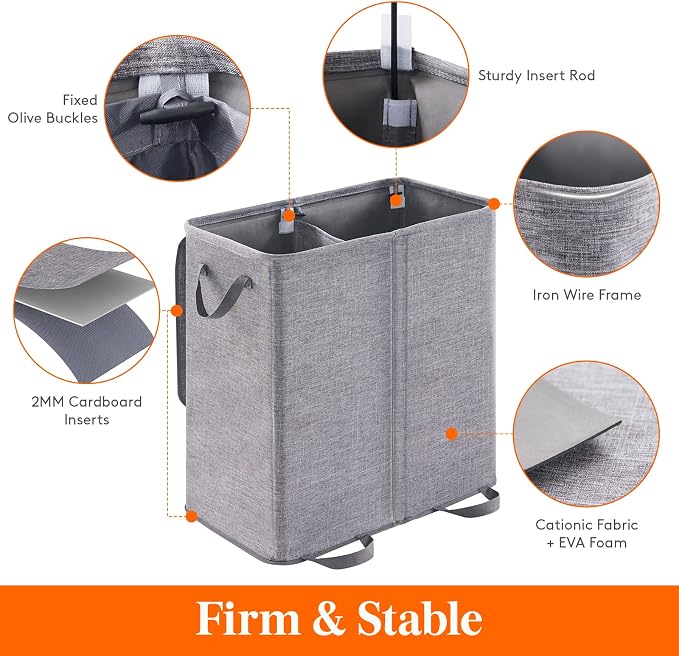Lifewit Double Laundry Hamper with Lid and Removable Laundry Bags, Large Collapsible 2 Dividers Dirty Clothes Basket with Handles for Bedroom, Laundry Room, Closet, Bathroom, College, 136L Gray