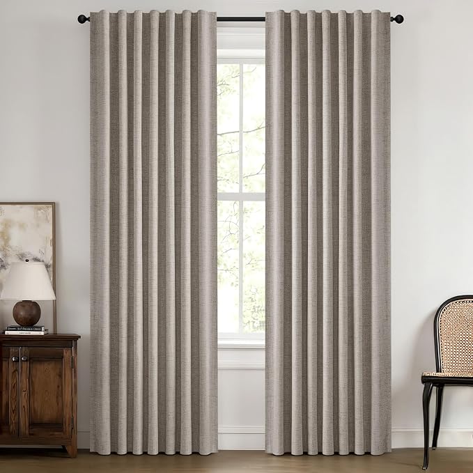 MIULEE 100% Blackout Linen Curtains for Bedroom 42 x 90 Inch Greige 2 Panel | Thermal Insulated, Room Darkening Drapes for Living Room, Back Tab Rod Pocket Pinch Pleated, Solid Luxury Decor