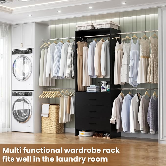 Aheaplus Closet System, 4.2-9Ft Closet Organizer with Wooden Drawers, Black | for Walk in Closet, Wardrobe Clothes Rack with 4 Hanging Rods, Garment Rack