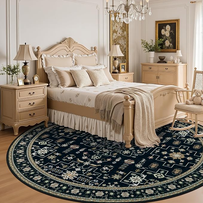 Round Area Rug for Living Room: 8ft Washable Rug for Bedroom Black | Vintage Boho Soft Round Rug Indoor Floor No Slip Carpet Stain Resistant Rugs for Bedroom Dining Room Nursery Home Office