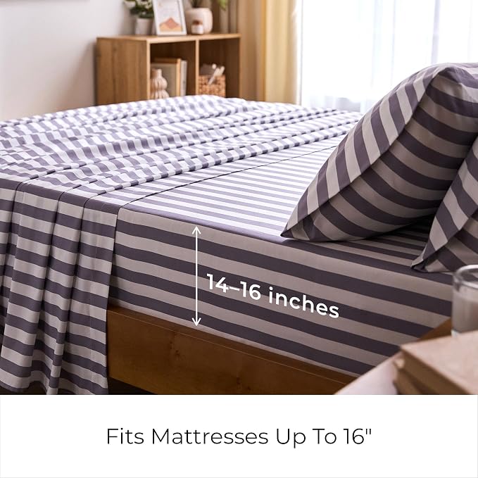 Mellanni Iconic 4-PC, Ultra Soft Sheet Set (Full, Oxford Stripe Hazy Lilac) | 10M+ Sleepers. Lab-tested: Sleeps Cool, Stays Bright, Strong, Smooth. Good Housekeeping Best Bedding, 7 yrs running.
