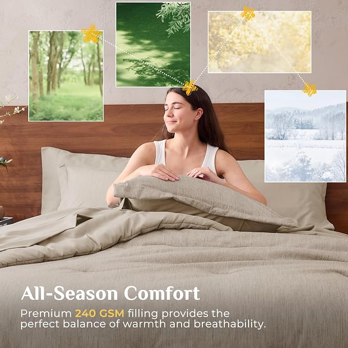 JOLLYVOGUE Khaki Full Comforter Set, Cationic Dyeing Bed in a Bag Full 7 Pieces, Double-Tone Bedding Set with Down Alternative Comforter, Sheets, Pillowcases & Shams
