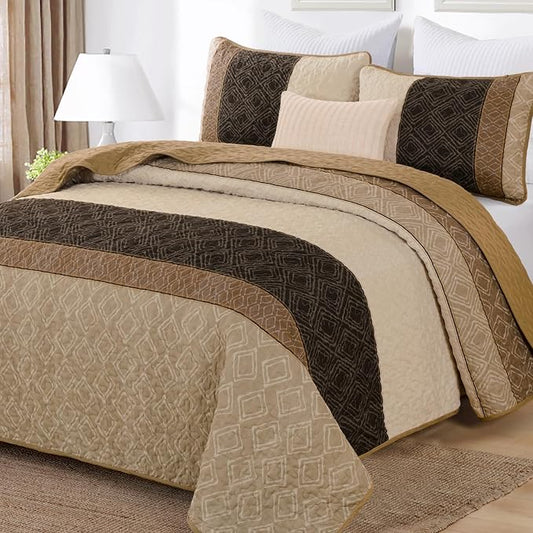 Cottolester Light Brown King Quilt Set,3 Pcs Boho Striped Plaid Bedspread | Ultra Soft Summer Fall Coverlets Set for Men Women,Microfiber Lightweight Quilt Bedding Sets for All Seasons 110"x90"