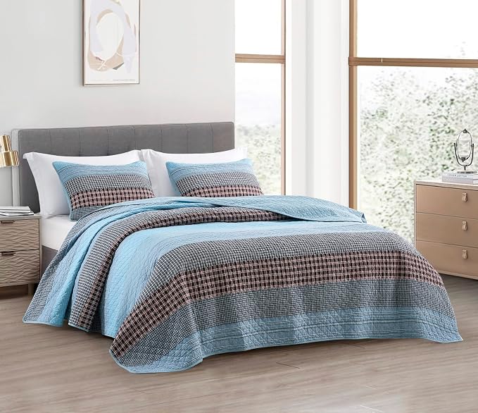 Chezmoi Collection Lincoln 3-Piece Pre-Washed Cotton Patchwork Quilt Set King - Solid Plaid Multi Striped Coverlet Set - Lightweight Reversible Bedspread Bedding Set King Size