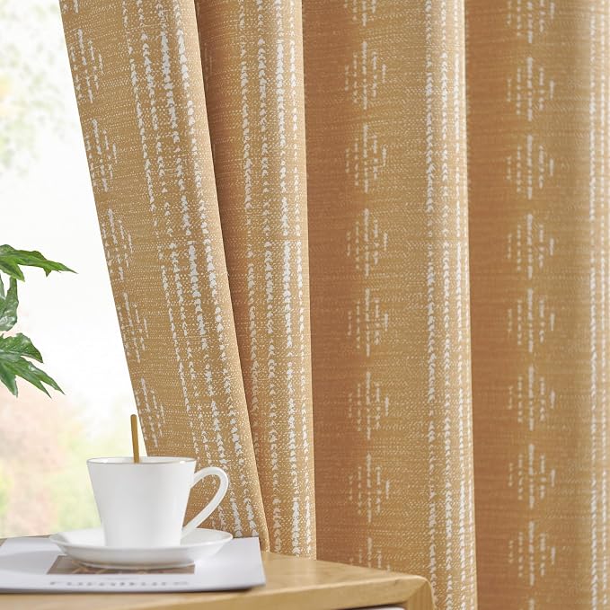 jinchan Boho Blackout Curtains 63 Inch Length for Bedroom Living Room | White on Mustard Yellow Geometric Grommet Curtains Room Darkening Thermal Insulated Window Treatments 2 Panels