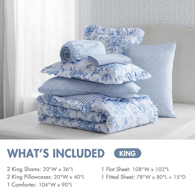 Madison Park Essentials Blue Floral Comforter Set with Sheets King,7pc | Vintage, Ruffle Bed in a Bag, Reversible, Elegant Bedding Set, All Season, Machine Washable, Wrinkle Resistant, Ultra Soft