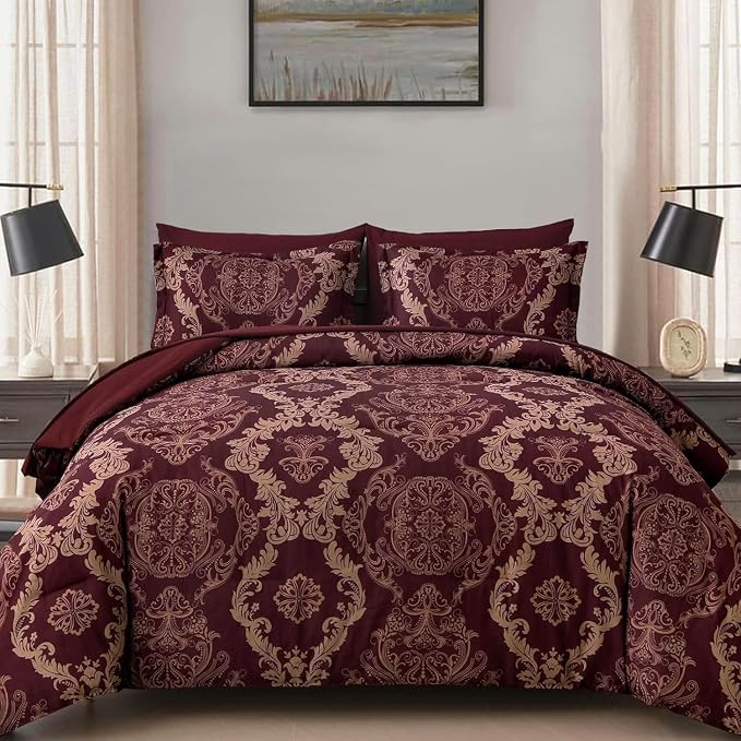 WONGS BEDDING Burgundy Comforter Set Full Size, Maroon Damask Texture 7 Pieces Bed in a Bag Microfiber Comforter Bedding Sets -1 Comforter, 1 Flat Sheet, 1 Fitted Sheet, 2 Pillow Shams,2 Pillowcases