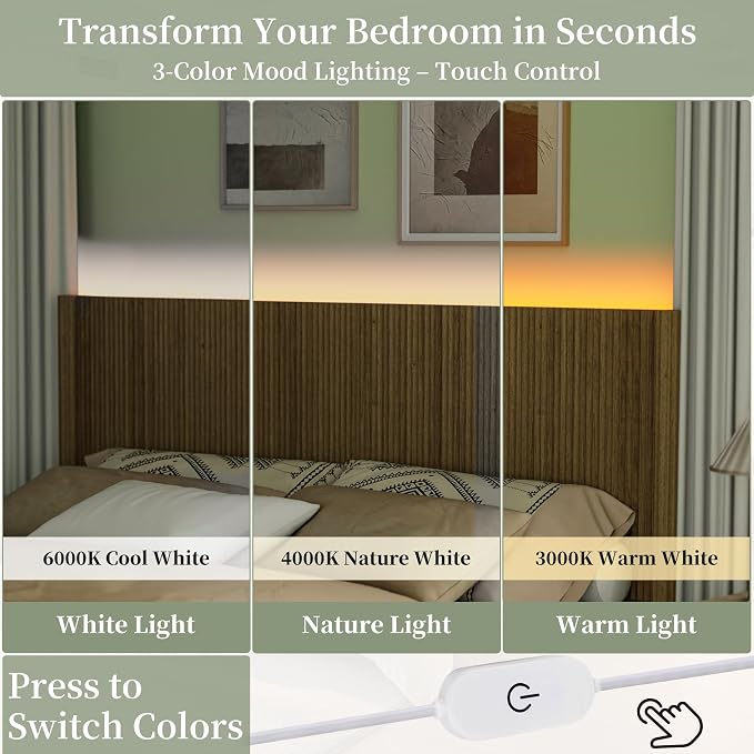 Queen Size Headboard Only, Modern Fluted Wall-Mounted Head Board with Lighting, Boho Wood Bed headboard Stylish Bedroom Decor, Natural