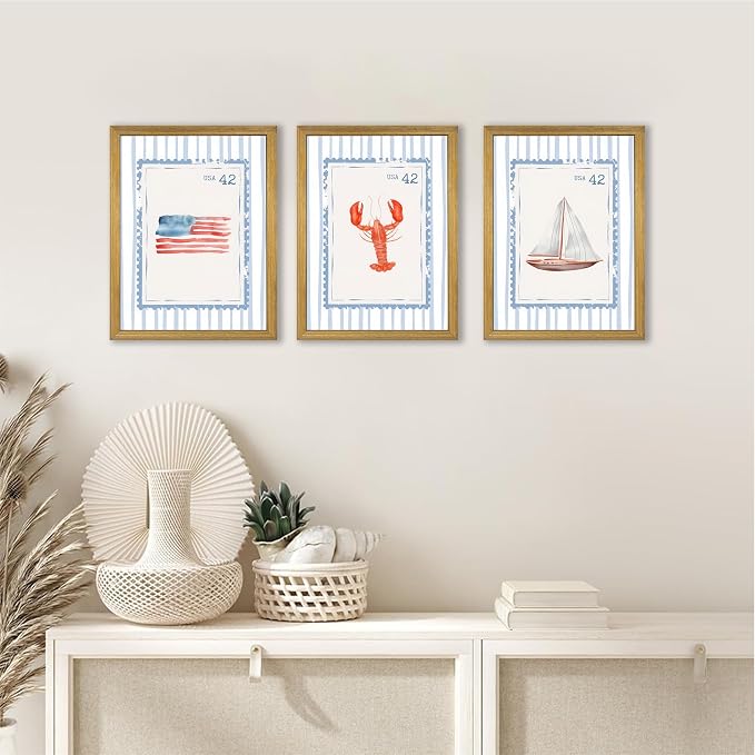 Wood Framed Blue Beach Stamp Set of 3 Canvas Poster Coastal Granddaughter Room Wall Art Decor Vintage Preppy Aesthetic Prints Artwork for Girly Dorm Apartment Ocean Home Decoration 12x16 Inch