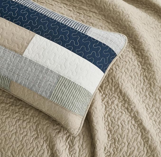 Chezmoi Collection Dylan 3-Piece Navy Blue White Gray Taupe Plaid Rectangular Patchwork Quilt Set - Pre-Washed Cotton Quilted Coverlet - Lightweight Bedspread for All Seasons, King Size