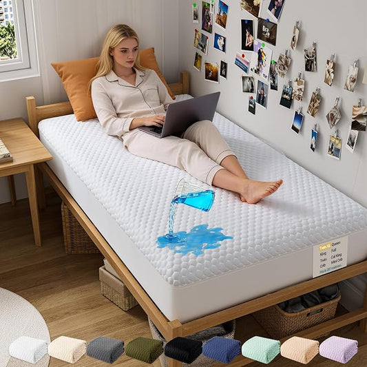 OhGeni 100% Waterproof Mattress Protector,Twin XL Bamboo Viscose Top Layer Pad,3D-Air Fabric Cooling Breathable Fitted Sheets,Washable Bed Cover for College Dorm & Hospital Over 99 Count Hex Bumps