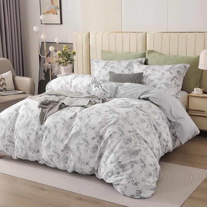 OAITE King Duvet Cover Set 3pcs 100% Cotton with Grey Line Art Floral Vine | Soft, Breathable,Long-lasting,Comfort,Dual Zipper,8 Corner Ties,Easy Care for All Season