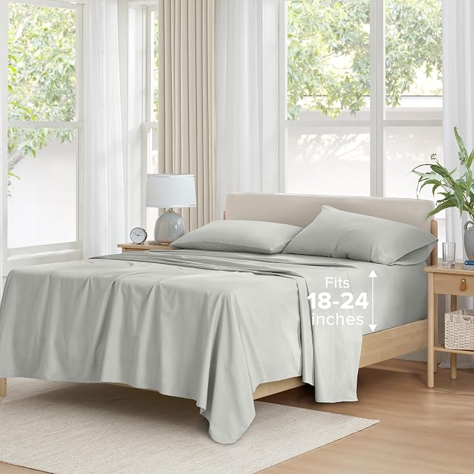 Comfort Spaces 100% Cotton Percale Sheets King Extra Deep Pocket, 4 Pcs | Crisp, Cool & Breathable Bed Sheets, 22" Deep Pocket Fits Up to 24" Mattress, Lightweight, All Season Cozy, Grey