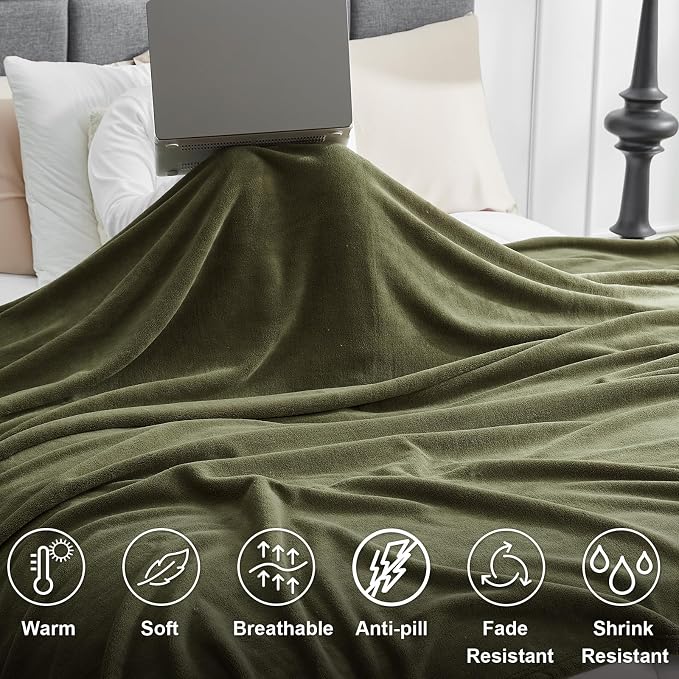 Hansleep Throw Moss Green Fleece Blanket, Soft Flannel Bed Blanket | Fuzzy Cozy Blanket 50x60 Inches, Multi-use for Bed, Sofa, Couch, Travel, Camping, All Season Warm Lightweight Cover
