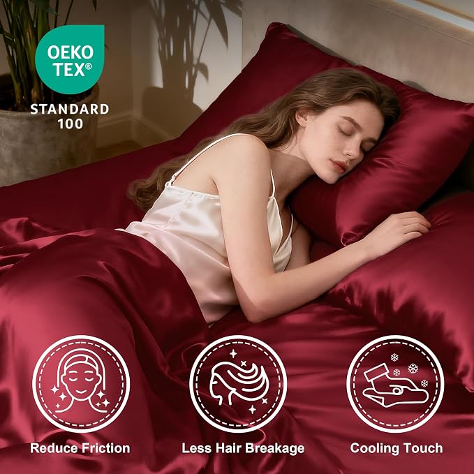 Love's cabin Twin Satin Sheets Sets - 3 Piece Burgundy Silky Bed Sheets with Deep Pockets, Luxury Silk Feel Satin Twin Size Sheet Set Bedding Set (1 Flat Sheet,1 Fitted Sheet,1 Pillow case)