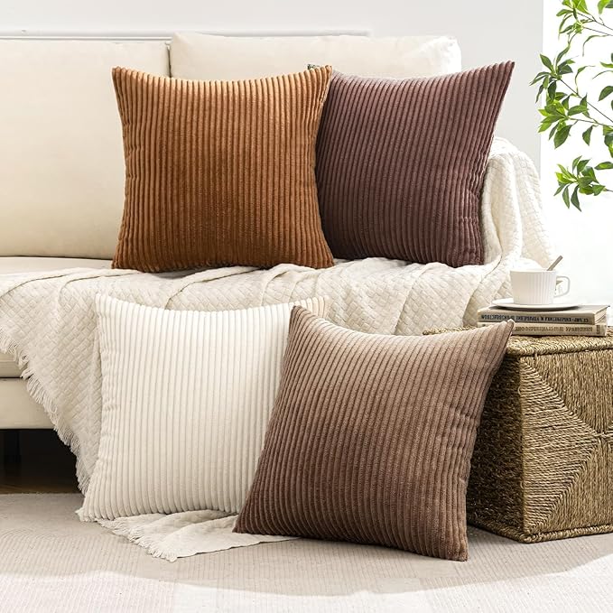 MIULEE Fall Corduroy Decorative Throw Pillow Covers Brown Series 18x18 | Set of 4, Mordern Rustic Fall Decor, Layered Brown Collection, Boho Farmhouse Cushion Covers for Couch Bed Sofa Living Room