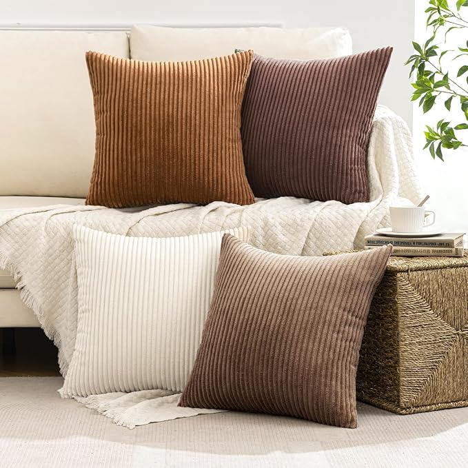 MIULEE Fall Corduroy Decorative Throw Pillow Covers Brown Series 20x20 | Set of 4, Mordern Rustic Fall Decor, Layered Brown Collection, Boho Farmhouse Cushion Covers for Couch Bed Sofa Living Room