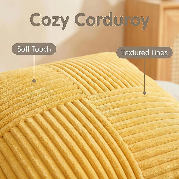 Fancy Homi 2 Packs Yellow Euro Decorative Throw Pillow Covers 26x26 Inch for Couch Bed Sofa, Rustic Farmhouse Boho Home Decor, Soft Corss Corduroy Patchwork Textured Square Cushion Case 66x66 cm