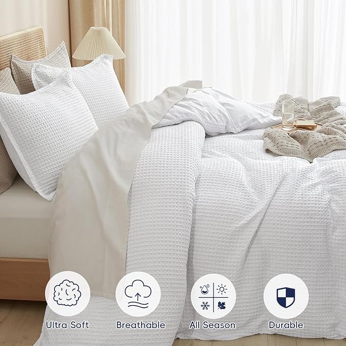 PHF Waffle Duvet Cover King, Ultra Soft & Breathable, 104"x90", White | 300GSM Fabrie，No Snagging Textured Honeycomb Comforter Cover for All Season 3pcs, Durable Bedding Duvet Set, Home Decor Gift