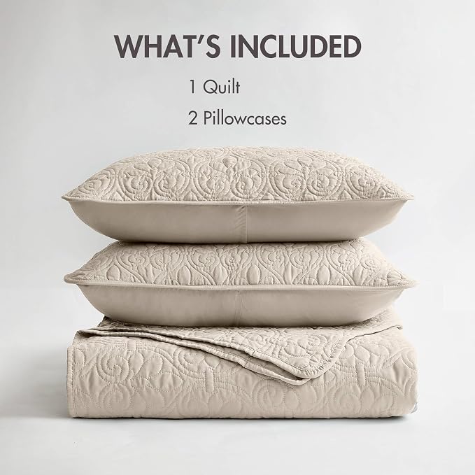 Madison Park Luxurious Cotton Damask Quilt Set, 3PC Full/Queen Bed Set | All Season, Lightweight Stitching Coverlet Bedspread Bedding Stitching with Shams, Cream